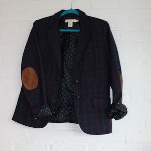 Navy plaid blazer with elbow patches